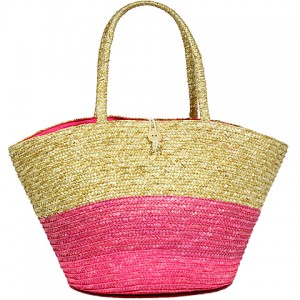 Straw Tote – 12 PCS Woven Wheat Straw Tote - 2 Tones - Pink - BG-R11053PK